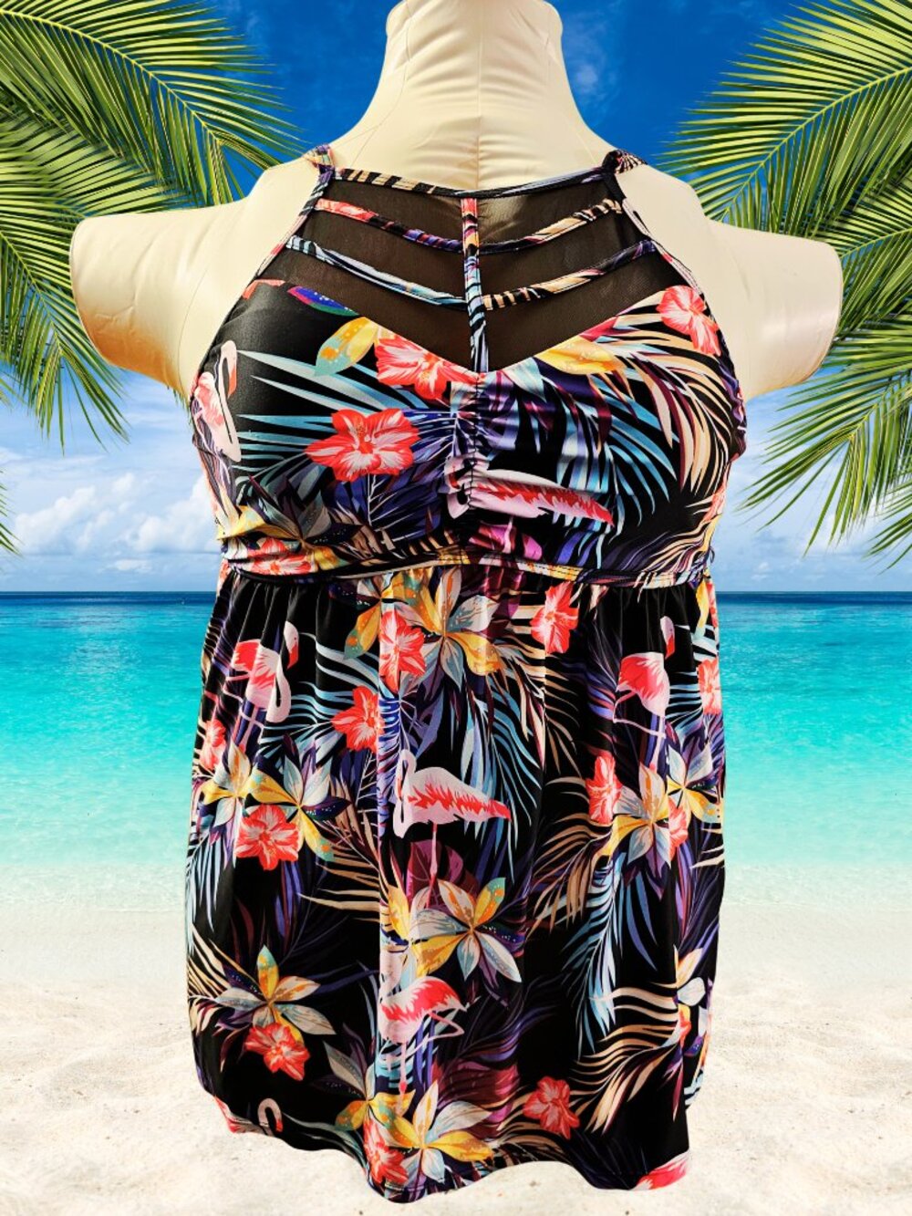 Rosegal 2X Plus Size Swim Dress Tankini Set Flamingo Tropical Print Mesh Neck
